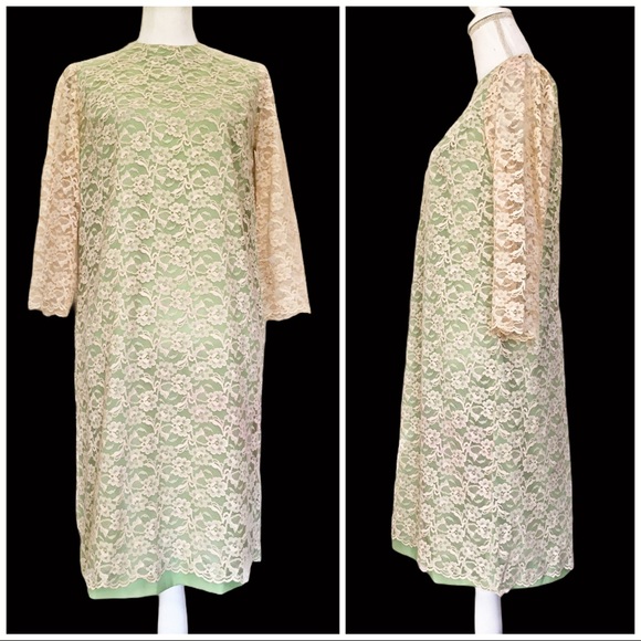Vintage 60's Cream Lace Over Green Shift Dress Medium - Picture 2 of 13